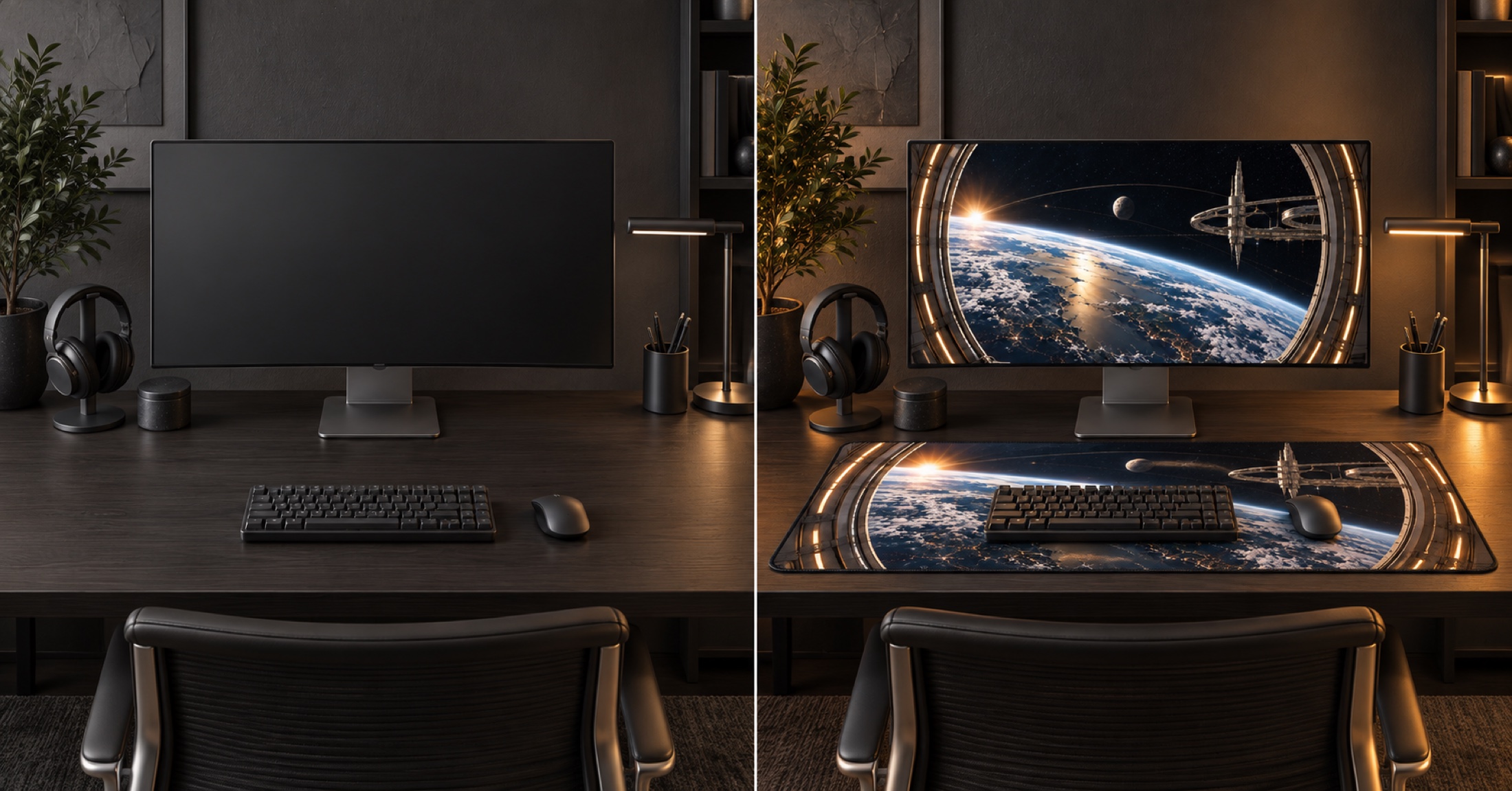 Before and after comparison showing a plain desk transformed with the Orbital Terminal setup