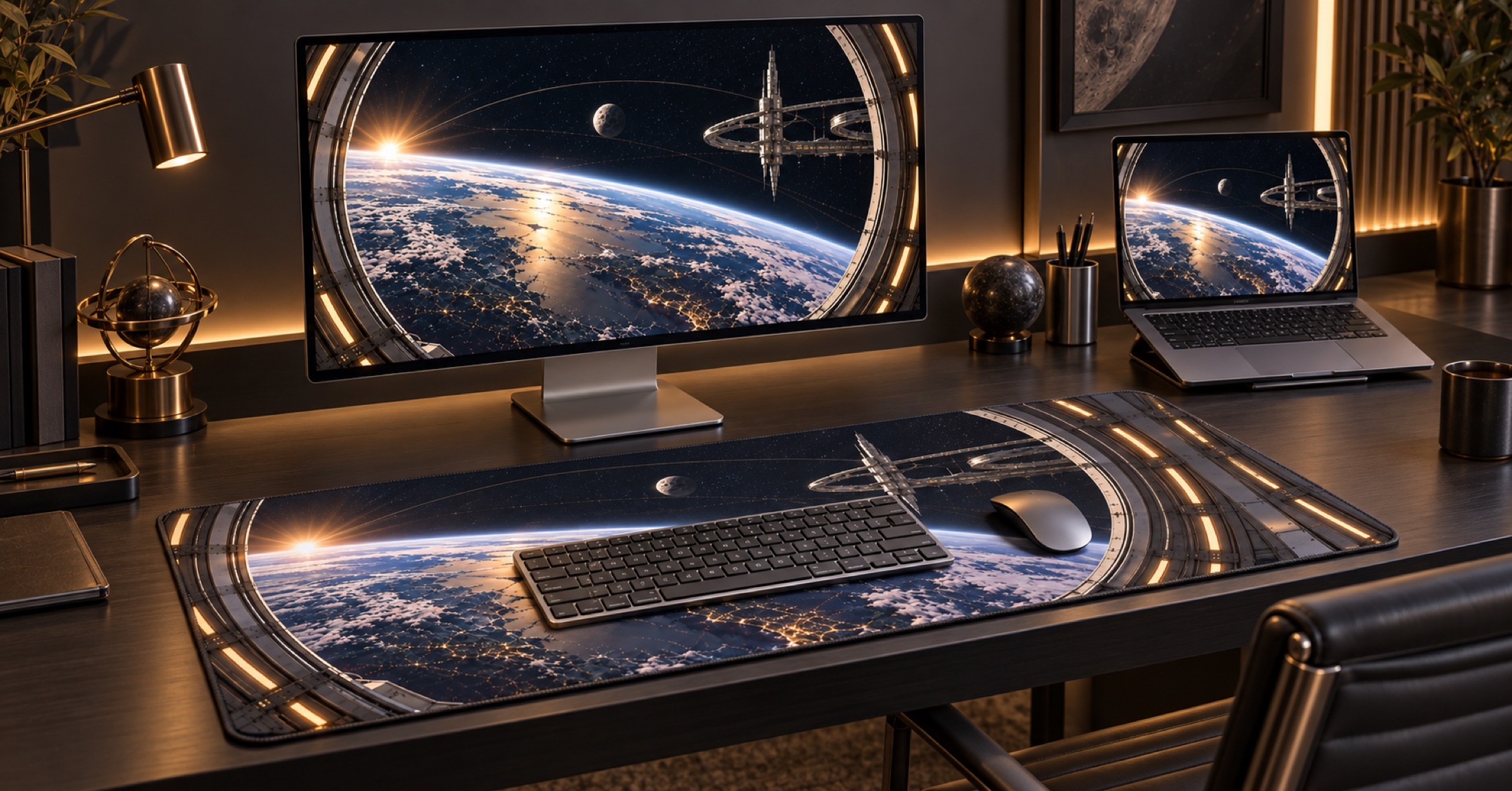 Premium dark workspace styled around the Orbital Terminal desk mat and matching monitor wallpaper